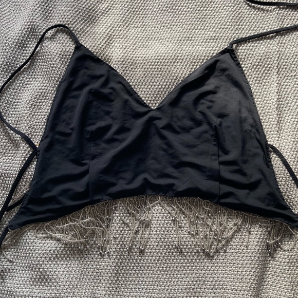 Black and Silver Beaded Festival Bellydance Crop Top with Beaded Fringe Medium - Picture 5 of 7